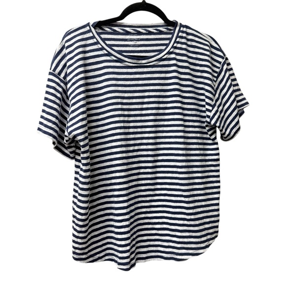 J. Crew Tops - J Crew Navy White Striped Linen Blend Tee Large Casual Summer Top